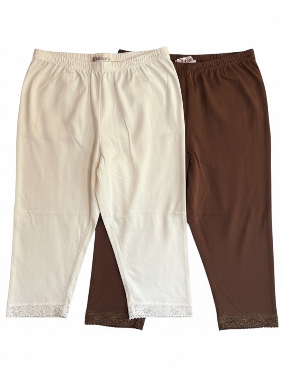 TWO! Silhouettes 2X Lace Trim Capri Leggings Brown & Cream Cotton Stretch